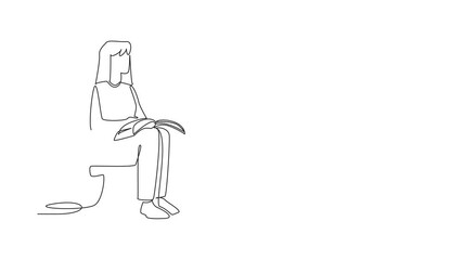 Poster - Animated self drawing of single one line drawing woman sitting on a child's chair reading a book. Modeling the best way to read. Good interest. World Read Aloud Day. Full length single line animation