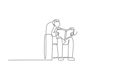 Poster - self drawing animation of continuous one line drawing man with two children sitting on sofa reading 