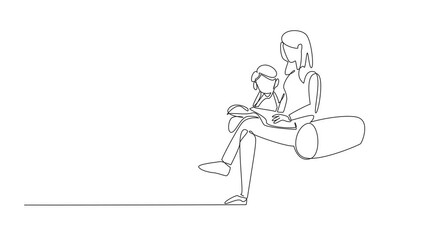 Poster - animated self drawing of single continuous line drawing woman and her two children sitting on the so