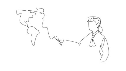 Poster - Animated self drawing of continuous line drawing woman holding a stick and pointing at a world map. Expert explaining the weather. National Weatherperson's Day. Full length single line animation