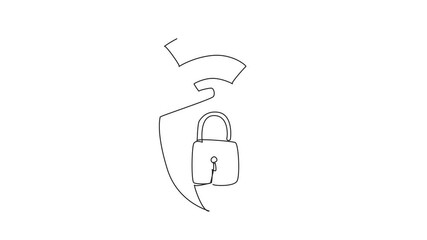 Poster - Animated self drawing of one line drawing shield inside there is a padlock with Wi-Fi signals. Layered protection is needed in the digital age. Safer Internet Day. Full length single line animation