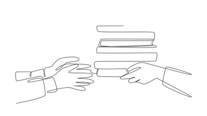 Poster - Self drawing animation of single line drawing two hands, one passing a stack of books to other. Transfer of knowledge. Symbolic gesture of sharing. International Book Giving Day. Full length animated