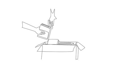 Poster - Animation of single one line drawing four hands holding the books and will put them in a box. Good deeds. International Book Giving Day. Continuous line self drawing animated. Full length motion