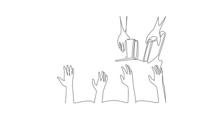 Poster - Animated self drawing of single continuous line drawing multiple hands holding books. Shared learning experience. Discussion. International Book Giving Day. Full length single line animation