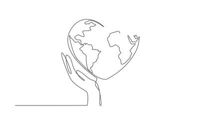 Poster - animation of continuous one line drawing two hands cradle heart-shaped earth. humanity's responsibil