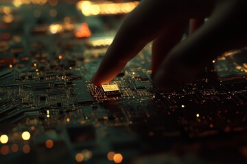 Leinwandbilder - Close-Up View of Hand Touching Microchip on Circuit Board
