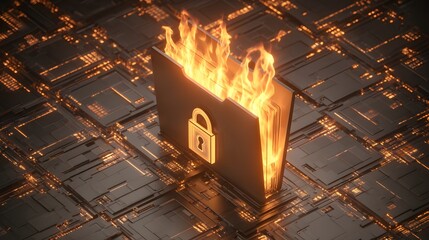 Poster - Illustrative Digital Concept with a Burning Locked Folder Warning of Online Scams and Phishing Attempts and Data Security Breaches and Cybersecurity Threats and System Vulnerabilities