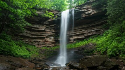 Poster - Water plunges over a rocky cliff face, creating a picturesque waterfall surrounded by vibrant green foliage in a serene forest setting, showcasing the beauty of nature's landscapes
