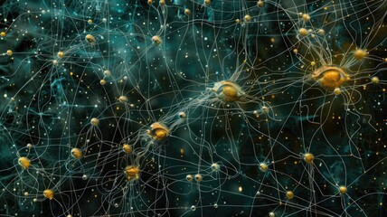 Poster - Abstract picture of green color particle with sparkle electric style design connect become energy structure represent connection of molecule pattern or atom between space with mysterious scene. AIG53.