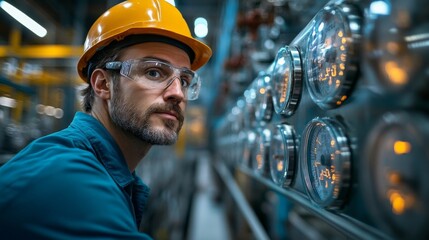 Aufkleber - A focused engineer in protective gear examines machinery gauges in an industrial setting. The environment is a modern petrochemical refinery with various automated systems in operation.