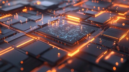 Fototapete - Abstract digital circuit board with glowing orange lines and blue data.