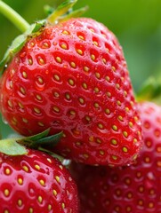 Aufkleber - A bunch of red strawberries with green leaves attached to them, in focus against a blurred background.