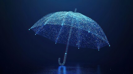 Poster - Digital umbrella, glowing particles, dark background.