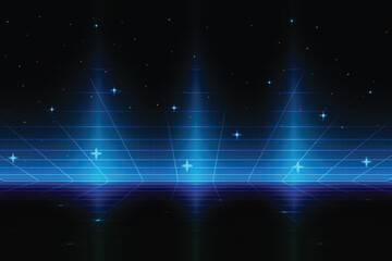 Wall Mural - retro cyberpunk pixel art game scene from the 80s. dark blue 8-bit sci-fi background. glowing neon g