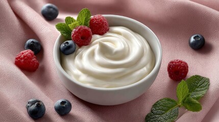Poster - Pastel yogurt is elegantly swirled in a ceramic bowl, topped with fresh berries and mint, creating a delightful and refreshing composition on a soft pink background