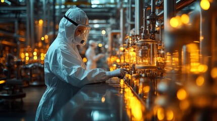 Poster - A worker in a white protective suit and mask is closely monitoring machinery in a modern petrochemical refinery. Bright lights illuminate the advanced equipment and busy environment.
