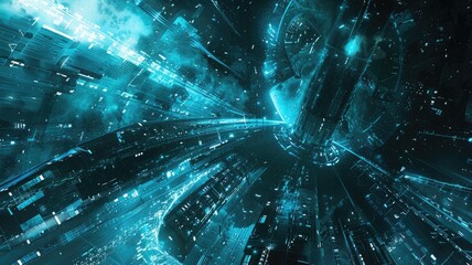 Poster - Abstract picture of neon light particle with digital technology style design connecting become dynamic of electric wave movement represent about flowing of data or structure of network system. AIG53.
