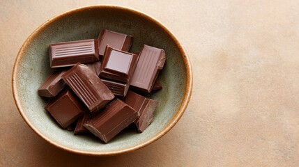 Poster - Dark chocolate pieces are artfully placed in a textured ceramic bowl set against warm earthy colors, creating a cozy and inviting atmosphere