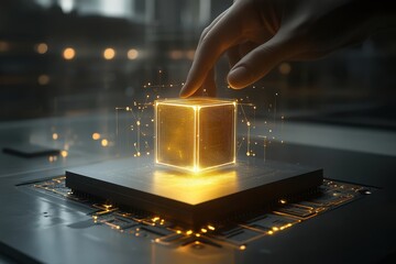 Leinwandbilder - Hand Interacting with Futuristic Cube on High-Tech Computer Surface