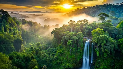Poster - Lush Jungle Waterfall at Sunset A Breathtaking Aerial View of Nature's Paradise
