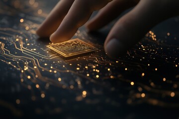 Leinwandbilder - Hand Touching Glowing Microchip on Circuit Board, Technology Theme