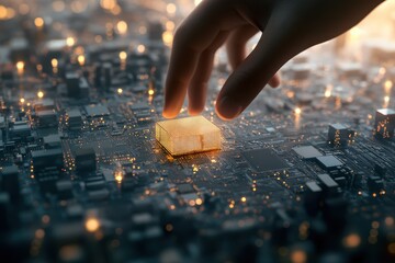 Leinwandbilder - Hand Touching Golden Chip on Futuristic Circuit Board with Lights