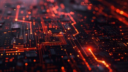 Poster - Glowing orange circuit board with detailed lines and patterns on a dark background. Digital art for design. Abstract image of wireframe or motherboard with glowing color with electronic parts. AIG53.