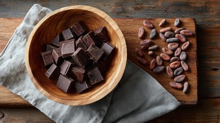 Poster - Rustic wooden bowl showcases uneven dark chocolate chunks alongside scattered cocoa beans, offering a rich and inviting display with ample copy space