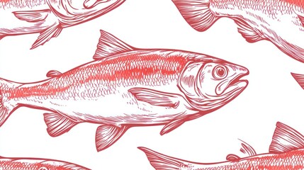 Seamless pattern of red salmon fish illustrations.