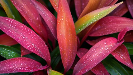 Poster - Close up view of vibrant red leaves, adorned with glistening dewdrops, creating a captivating display of color and texture in a lush garden setting, evoking a sense of freshness and natural beauty