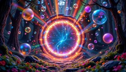 Poster - Glowing orb of light nestled within a forest surrounded by lush greenery and mystical elements