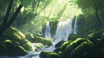 Aufkleber - Sunbeams are filtering through the dense canopy of a vibrant green forest. Illuminating a picturesque waterfall cascading over moss covered rocks and creating a tranquil and serene natural landscape