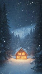 Poster - Snow is falling on a cozy wooden cabin decorated with christmas lights, nestled in a snow covered forest at night, creating a magical and festive winter scene