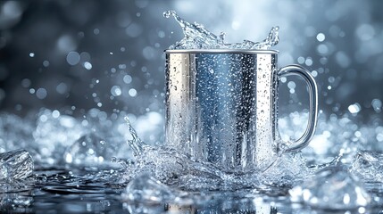Transparent, solitary stainless steel cup ice splash object for product display and beverage marketing