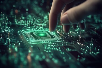 Leinwandbilder - Touching a Circuit Board with Glowing Microchip Technology