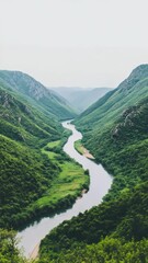 Poster - Breathtaking aerial view of a pristine river winding its way through a lush green valley nestled between majestic mountains, creating a picturesque landscape