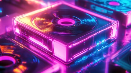 Poster - Neon-lit, futuristic cassette tapes with vibrant pink and blue glow, reflecting on a glossy surface.