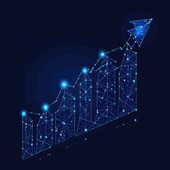 Poster - futuristic digital growth chart with low poly polygonal bars and arrow rocket symbolizing business s