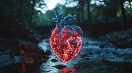 Poster - Glowing anatomical heart model in a forest stream.