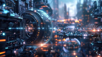 Poster - Futuristic digital interface with glowing elements. Digital artwork of circle shape hologram with blue glowing interface. Technology and innovation concept for design and print. Cyber security. AIG53.
