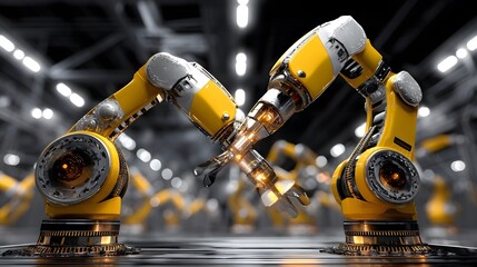 Poster - Two robots working on a table under the supervision of workers in safety gear with focus