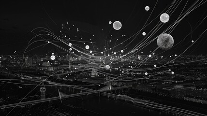 Poster - Black and white cityscape with abstract digital connections. Futuristic digital art for design and print. Digital artwork of planet and glitter with black background. Monochrome filter. Space. AIG53.