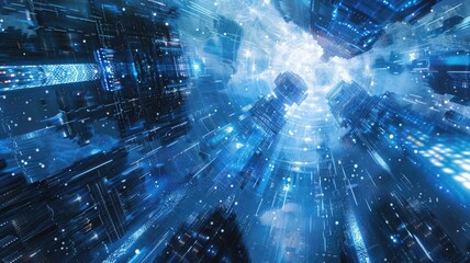 Poster - Abstract picture of blue light particle with digital technology style design connecting become dynamic of electric wave movement represent about flowing of data or structure of network system. AIG53.