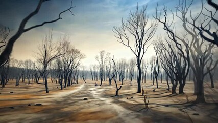 Aufkleber - Desolate Landscape Journey Through a Barren Forest of Scorched Trees and Arid Ground