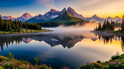 Poster - Serene mountain lake reflects majestic peaks at sunrise, shrouded in ethereal mist.