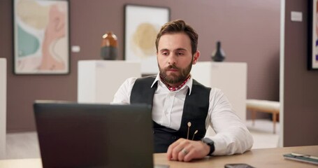 Poster - Stress, laptop and businessman in office with mistake, fail or damage to artwork delivery. Upset, frustration and male exhibition designer with computer for wrong painting report in gallery.