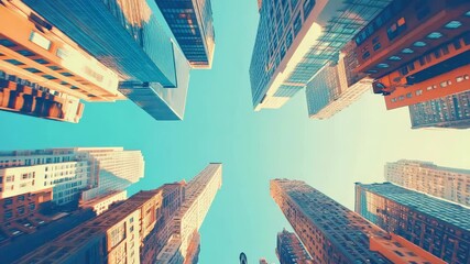 Poster - Modern skyscrapers rise majestically towards a vibrant blue sky, creating a captivating urban landscape that embodies the dynamism and progress of a bustling city center