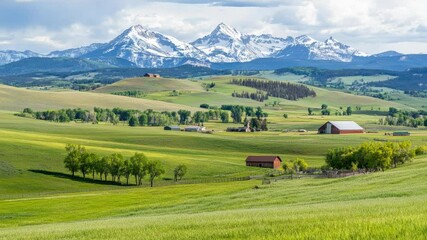 Poster - Lush green meadows and farms create a picturesque scene in a valley, with the majestic backdrop of snow capped mountain peaks dominating the horizon on a sunny day