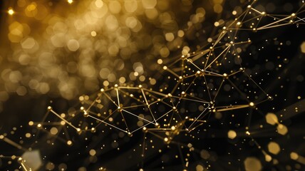 Poster - Abstract network of glowing nodes and connections on a dark background. Digital artwork of black geometric shape yellow glowing line connecting. Technology innovation and communication concept. AIG53.