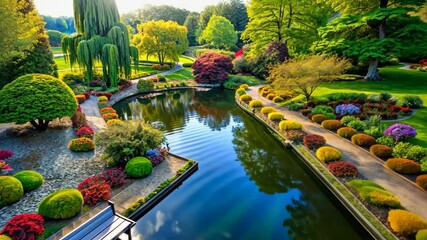 Poster - Tranquil Botanical Garden with Lush Greenery, Colorful Flowers, and Serene Pond